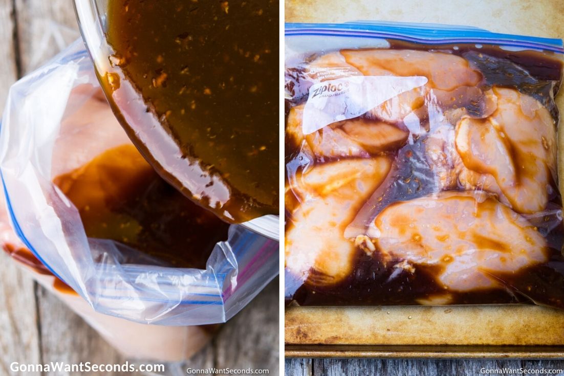 How to make Huli Huli chicken, pouring marinade inside a ziploc with chicken in it