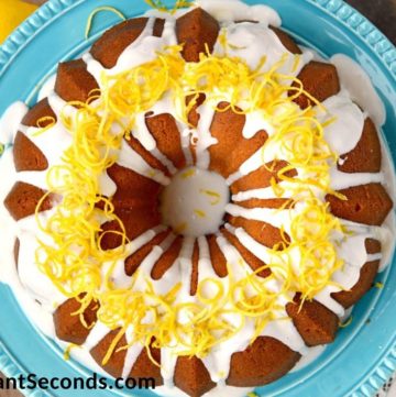 Lemon cream cheese pound cake on a cake stand