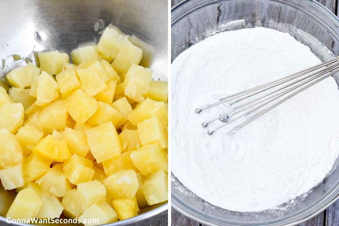 How to make pineapple casserole, draining pineapples and mixing sugar and flour