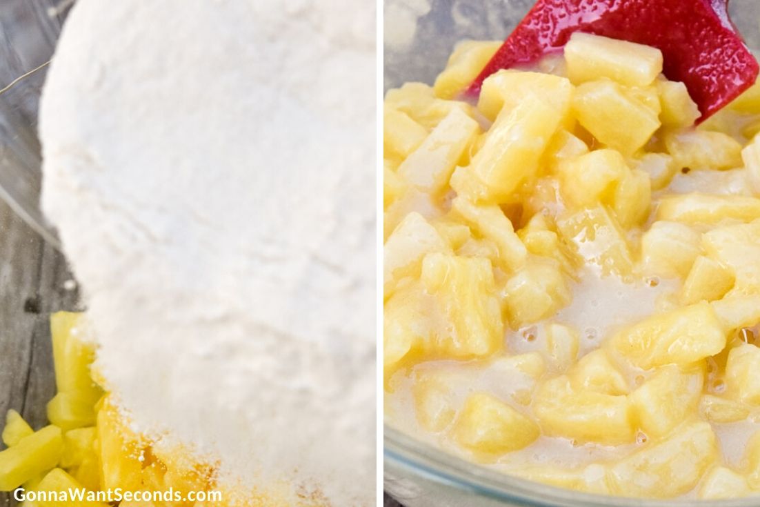 How to make pineapple casserole, mixing pineapple, sugar, and flour