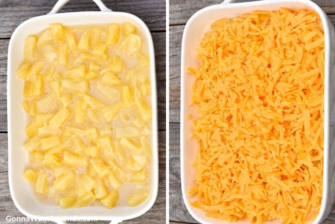 How to make pineapple casserole, layering pineapples and cheese