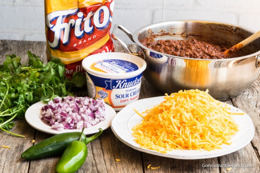 How to make Frito Pie, prepared ingredients on a table
