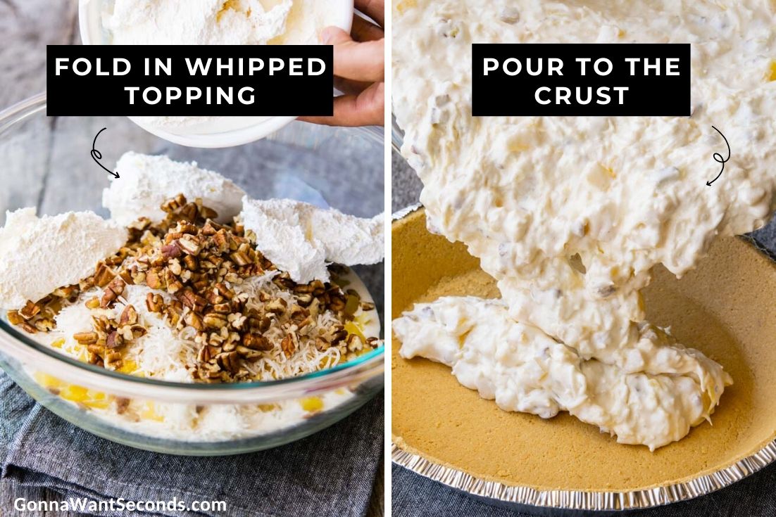 How to make Million Dollar Pie, folding whipped topping to the filling mixture and pouring to the crust