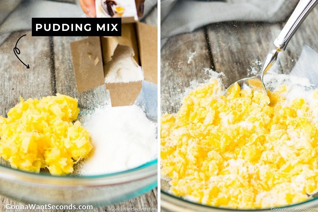 How to make Pig Pickin Cake frosting, mixing pineapples and pudding mix
