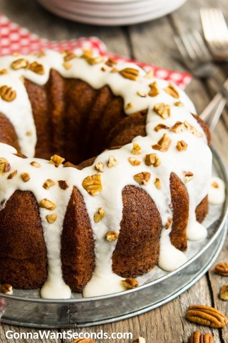 Sock It To Make Cake with glaze and pecans on top
