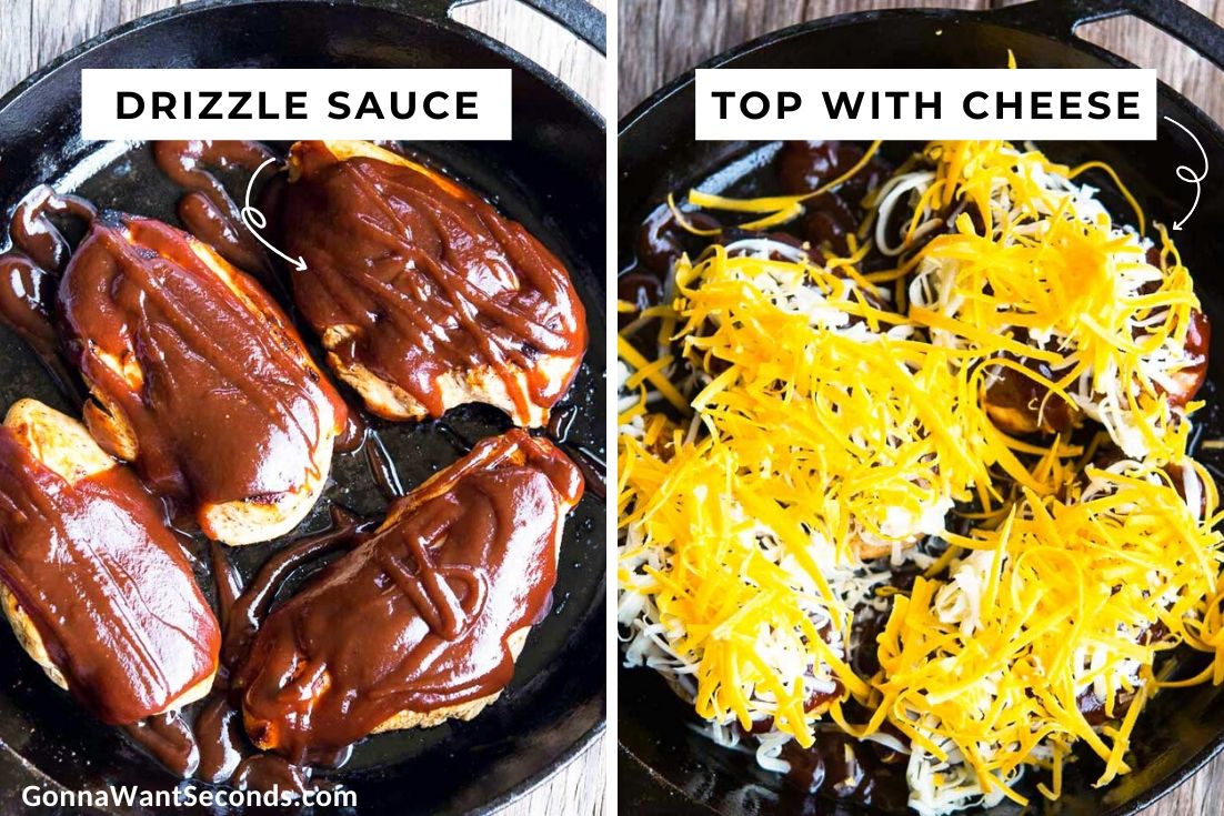 How to make Monterey chicken, drizzle bbq sauce and top with cheese