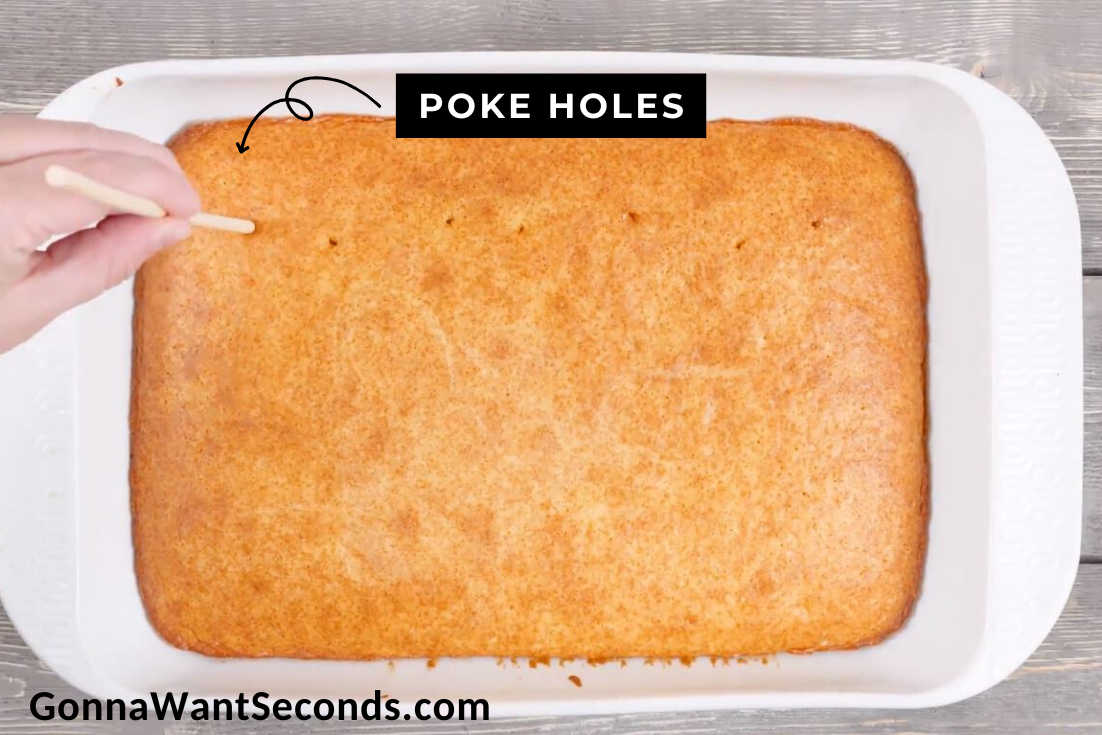 How to make Red White and Blue Poke Cake, poking holes to the baked cake