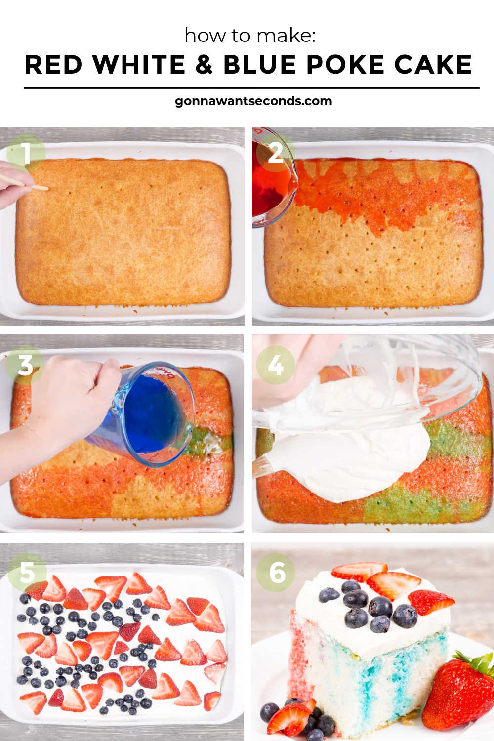Bring on the fireworks and sparklers -- it's Red White and Blue Poke Cake time! This cake is everything you need to celebrate the Fourth of July in style. #PokeCake #SheetCake #FourthofJuly #Cake Step by step how to make red white and blue poke cake