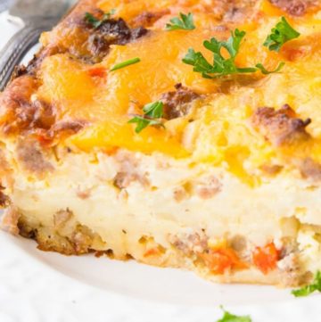 A slice of Bisquick Breakfast Casserole on a plate