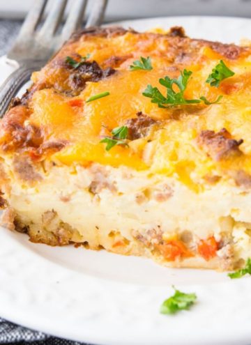 A slice of Bisquick Breakfast Casserole on a plate