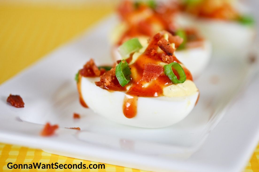 Ranch Deviled Eggs on a rectangular serving plate