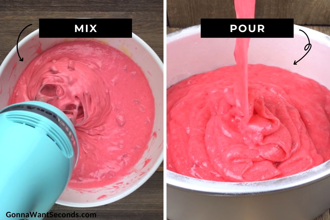 How to make strawberry layer cake, mixing the cake ingredients and pouring it to the prepared cake pans