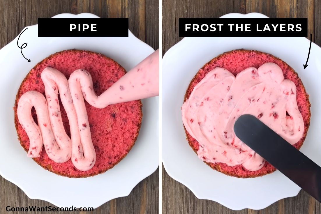 How to make strawberry layer cake, piping the frosting to the cake