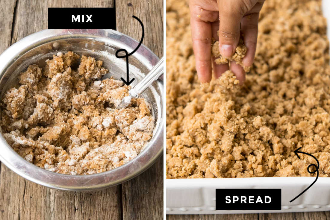 How to make Apple Coffee Cake, mixing the crumb toppings and spreading it on top of the cake