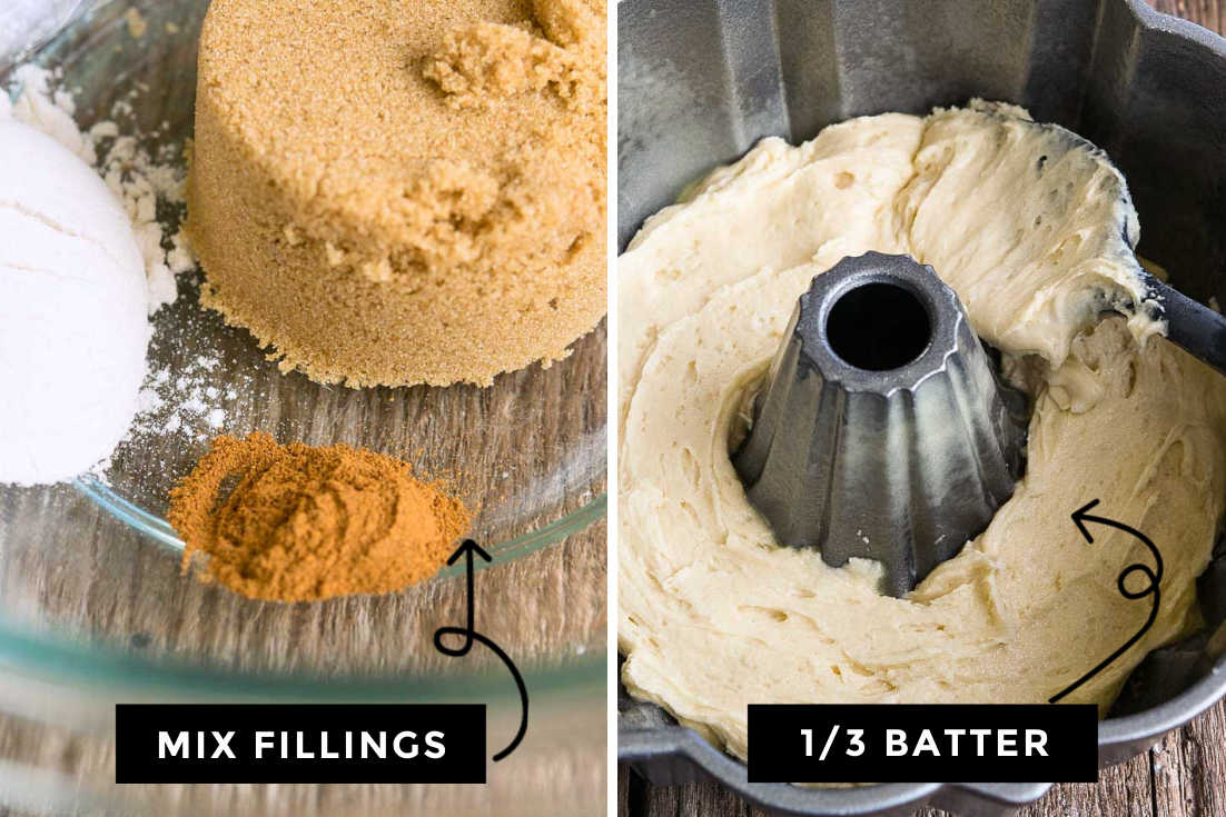 How to make Blueberry Coffee Cake, mixing the fillings and pouring batter in the bundt pan