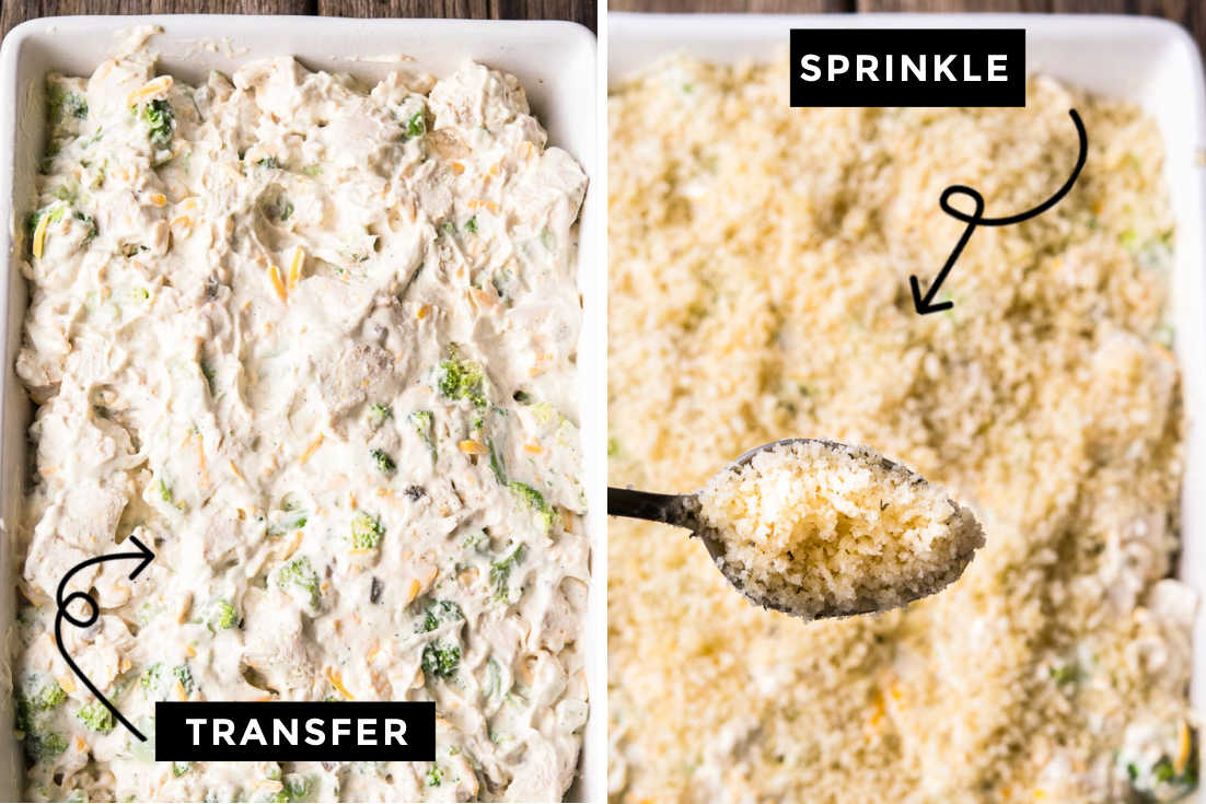 How to make Chicken divan, transferring to the baking dish and sprinkling toppings