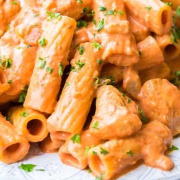 Chicken Riggies garnished with parsley on a plate, top shot
