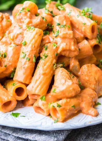 Chicken Riggies garnished with parsley on a plate, top shot
