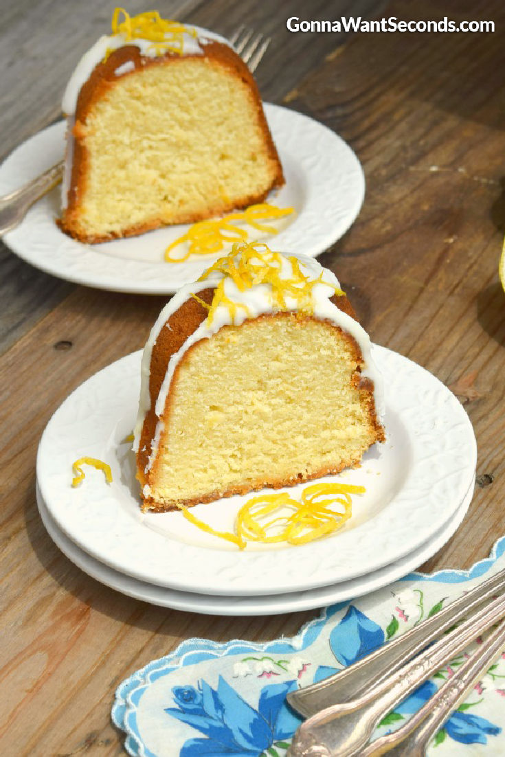 a slice of lemon pound cake with glaze