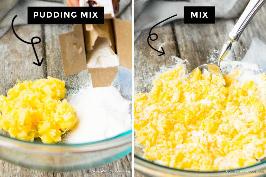 How to make Pineapple sunshine cake, add vanilla pudding mix and combine frosting mixture