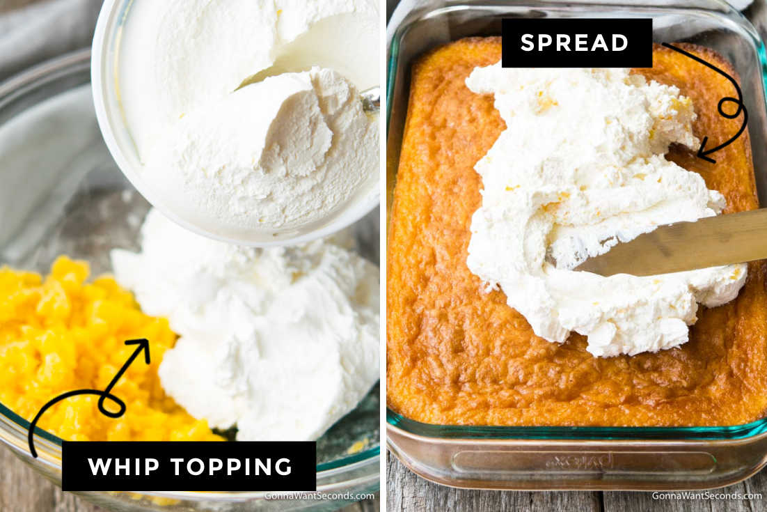 How to make Pineapple sunshine cake, fold in whip topping and spread frosting over cake