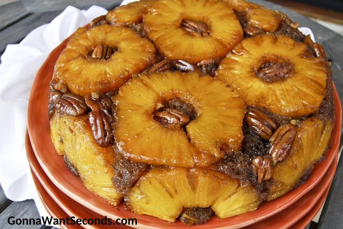Brown Sugar and Rum Pineapple Upside Down Cake on a plate