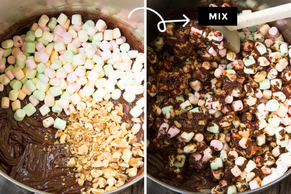 How to make Church Window Cookies, mixing marshmallow and walnut to the melted chocolate
