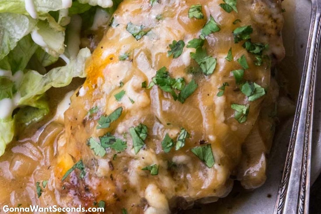 French Onion Chicken with lettuce on the side