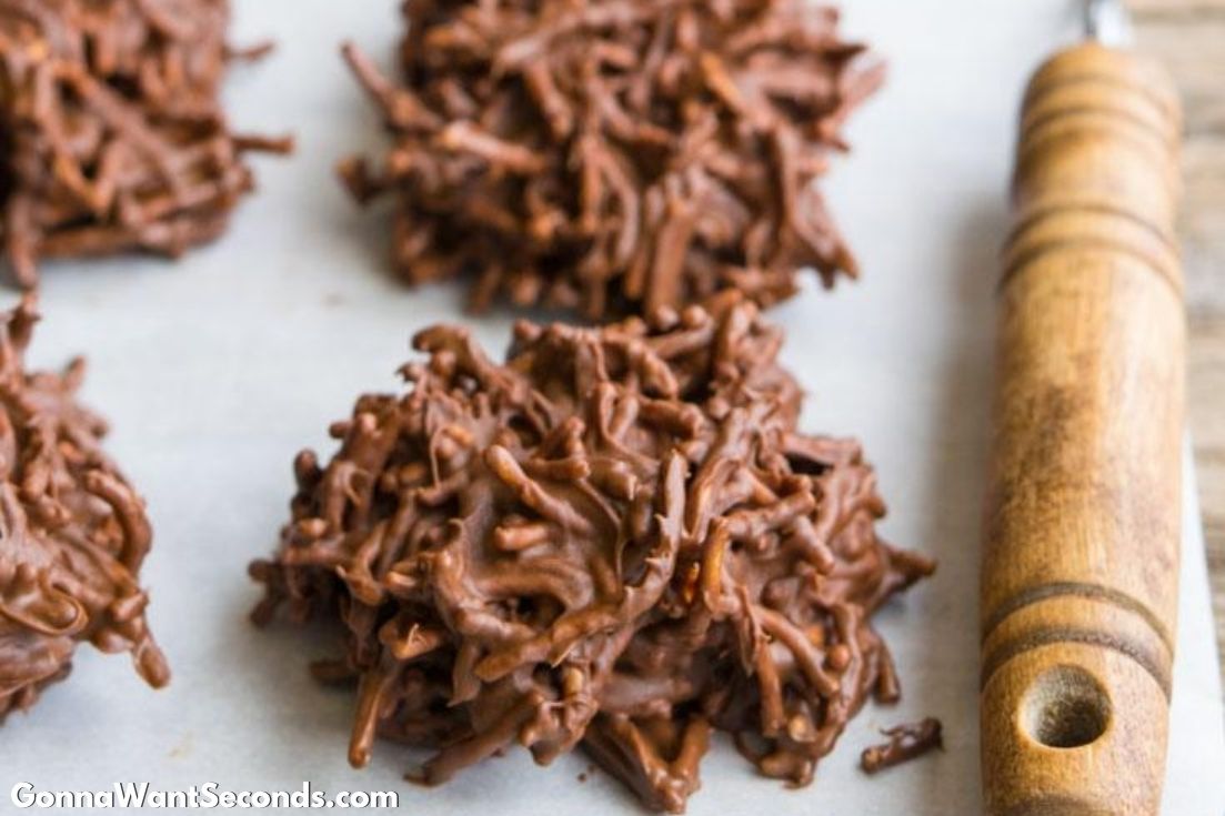 Haystacks cookies on a baking paper with spatula on the side