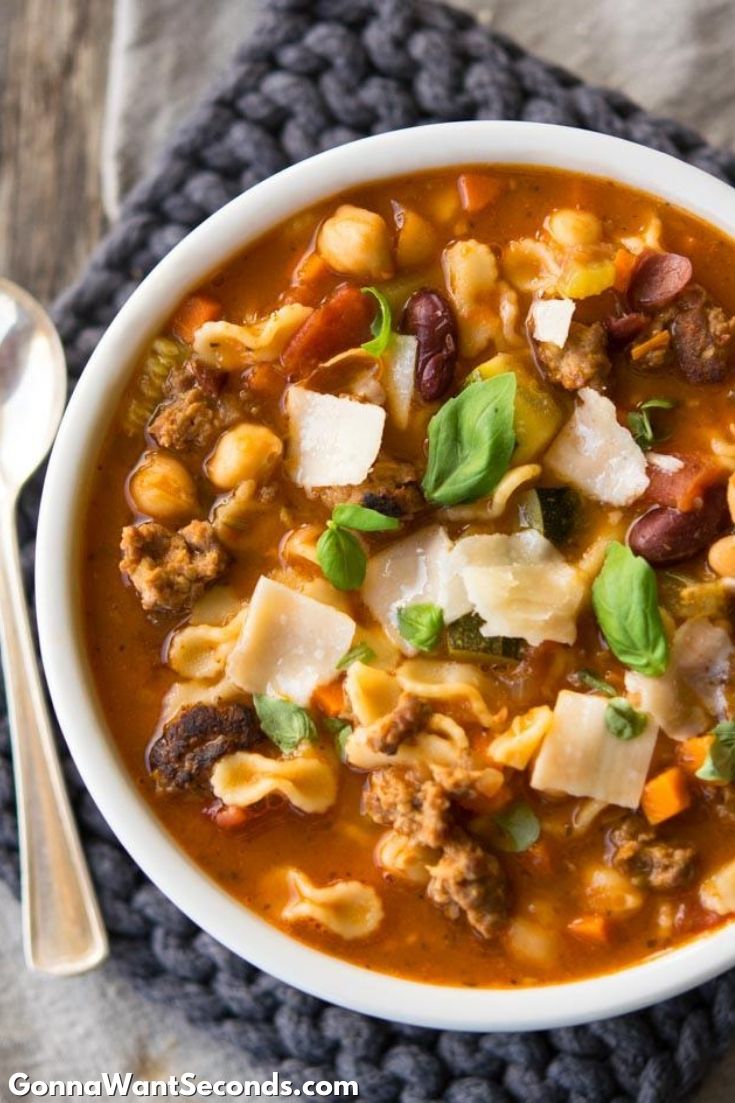 Italian Sausage Soup in a bowl, top shot