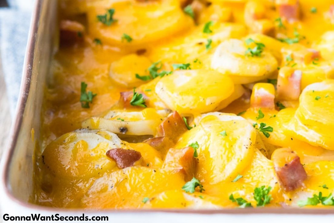 Scalloped Potatoes and Ham in a casserole dish