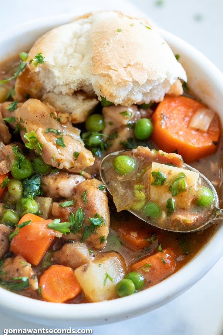 Chicken Stew with biscuit on top, close up