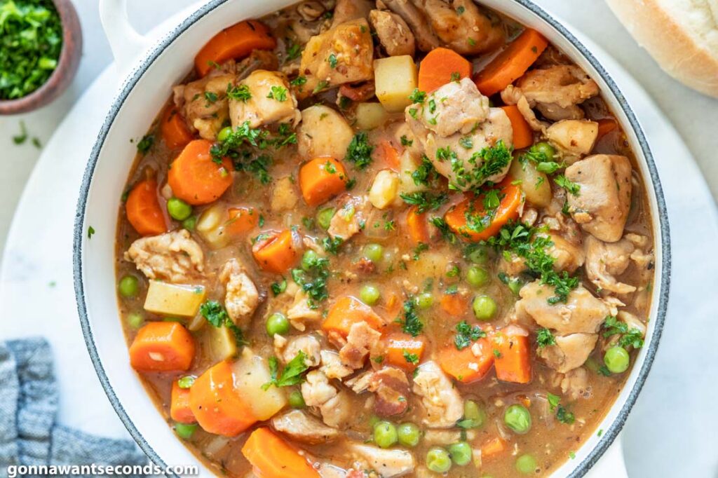 Chicken Stew garnished with chopped parsley, top shot