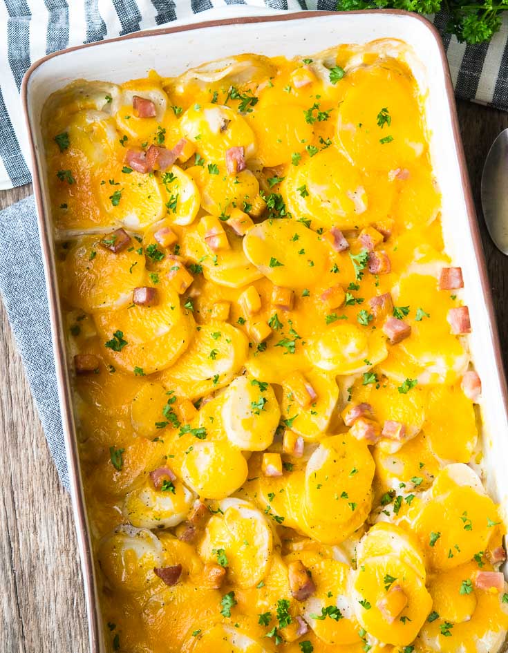 Scalloped Potatoes and Ham in a casserole, top shot