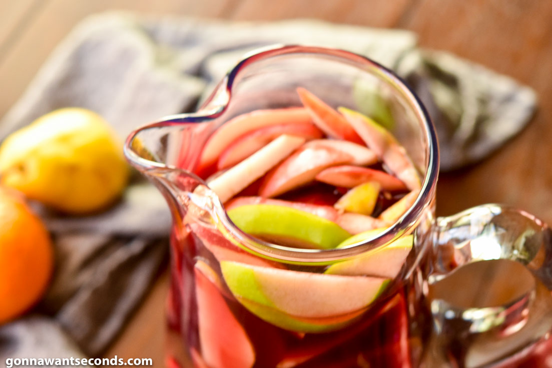 top of the pitcher of red wine christmas sangria
