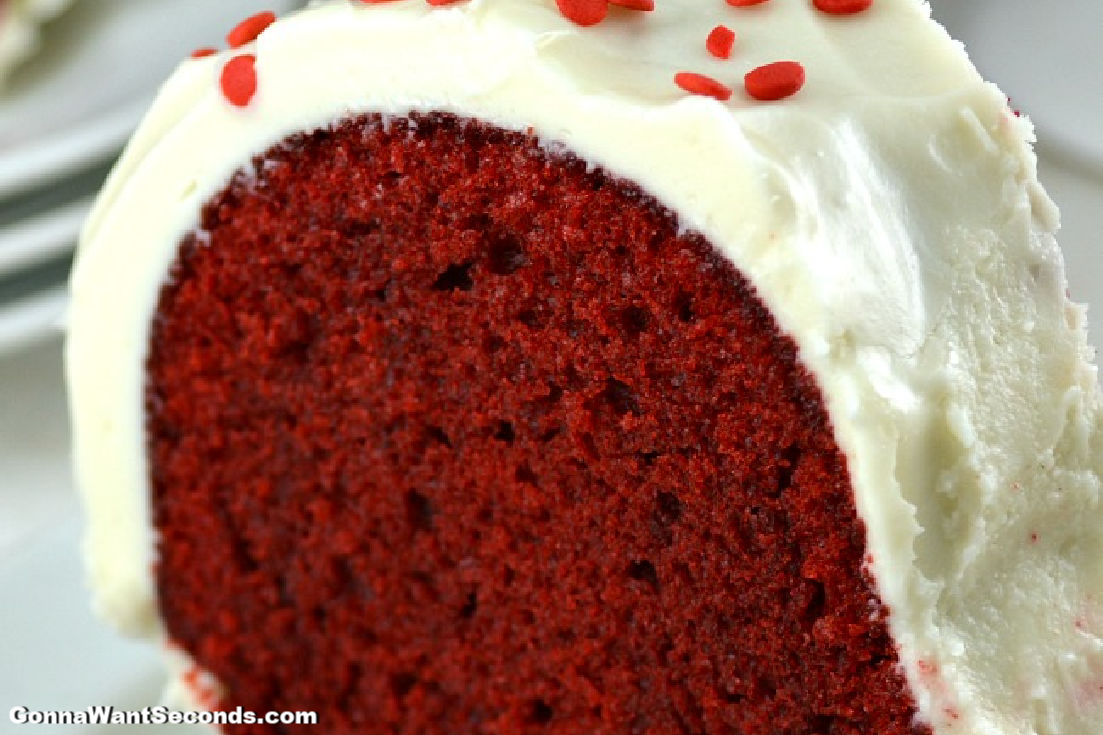 A slice of easy red velvet bundt cake