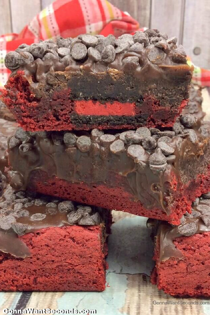 Red Velvet Oreo Brownies stack on top of each other