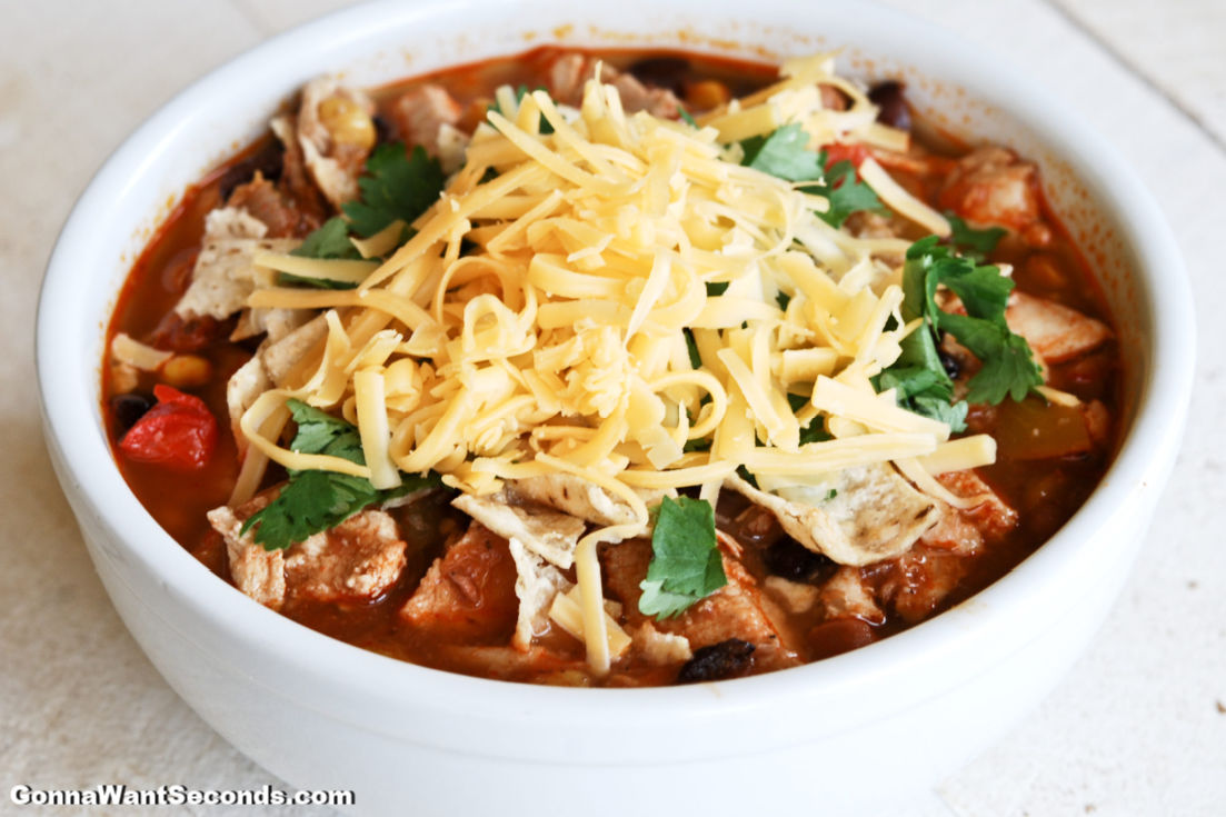 This extensive list of chicken soup recipes offers a variety of scrumptious flavors and textures to ensure you’ll never need to buy canned again. #ChickenSoups #Soups #ChickenRecipe Santa Fe Chicken Soup topped with shredded cheese