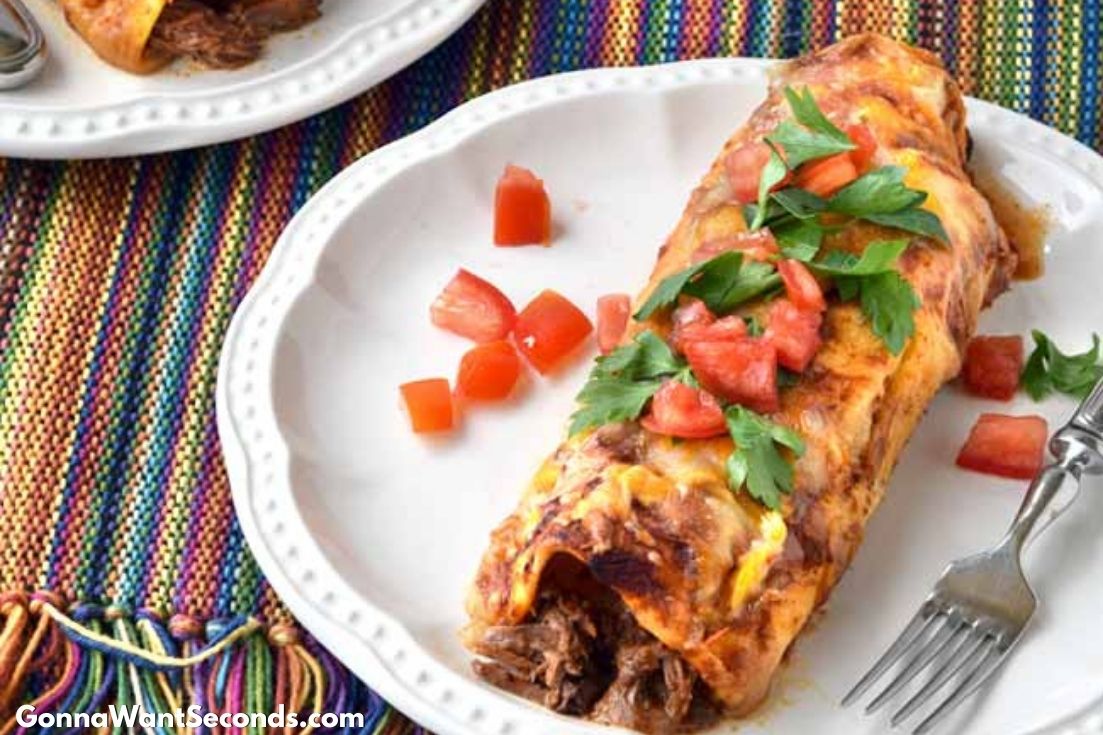 Shredded Beef Enchiladas on a plate