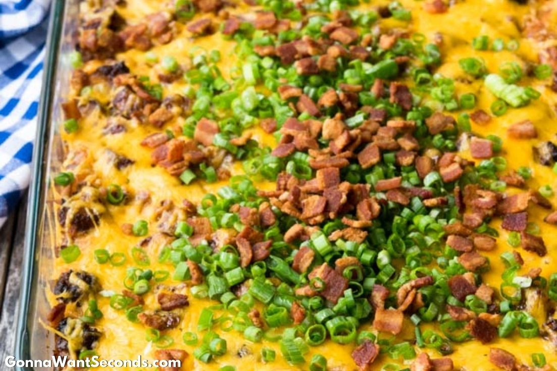 Tater Tot Breakfast Casserole topped with bacon