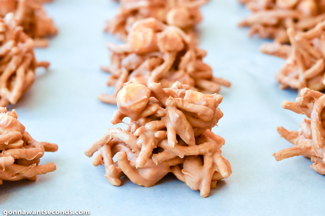 Butterscotch Haystacks lined on a parchment paper 
