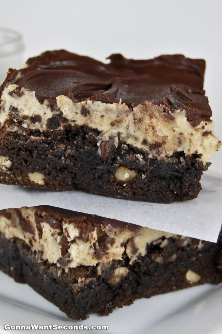 Cookie Dough Brownies stack on top of each other