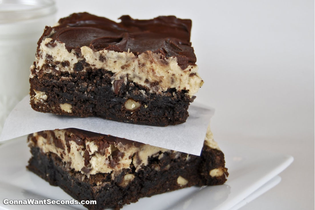 Cookie Dough Brownies stack on top of each other