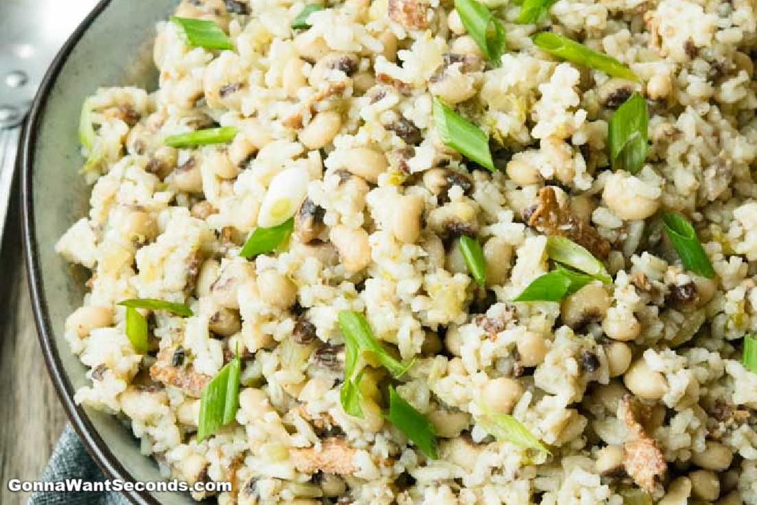 Hoppin John in a bowl, sprinkled with chopped green onions