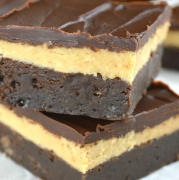 peanut butter brownies stack on top of each other