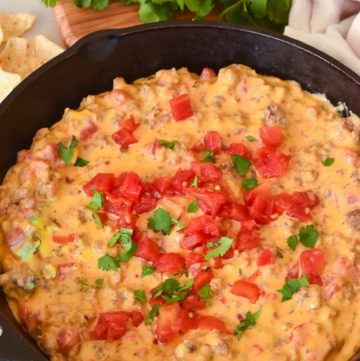 Rotel Dip in a cast iron skillet
