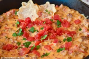 Rotel Dip topped with scoop style corn chips in a cast iron skillet