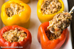How to make Italian Stuffed Peppers, stuffing the bell pepper with the meat mixture