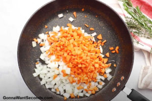 How to make Alton Brown Shepherd's Pie, sauteing onions, carrots, and garlic