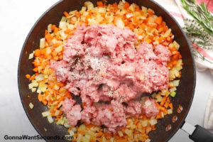 How to make Alton Brown Shepherd's Pie, adding beef to the sauteed veggies
